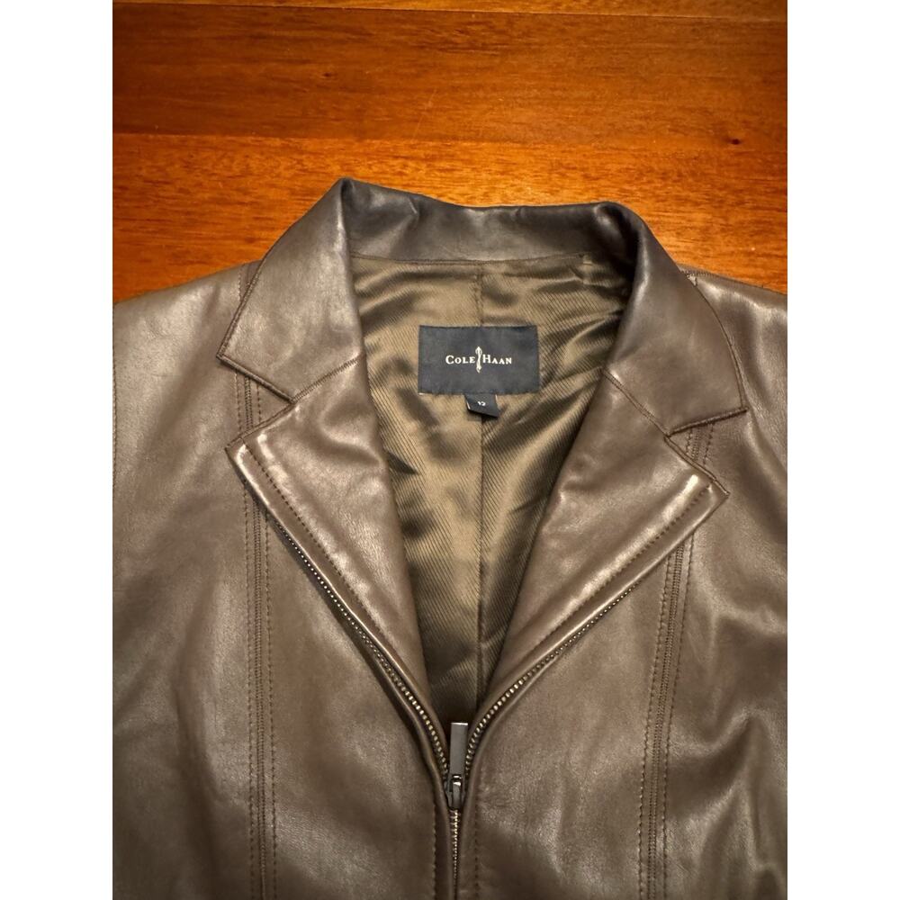 Size 12 Cole Haan Lambskin Leather Jacket Fitted Brown Zipper - Picture 4 of 10